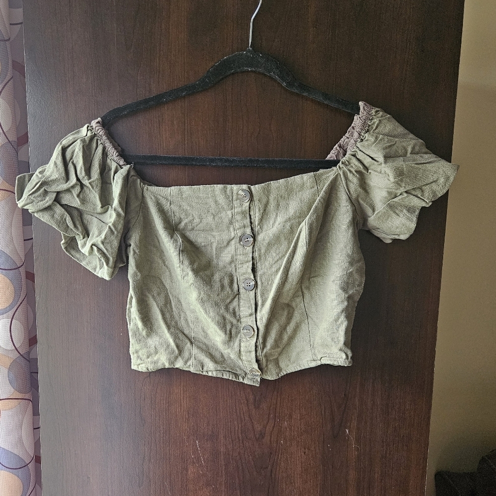 Fashion Nova Olive Button-Up Off-Shoulder Crop Top